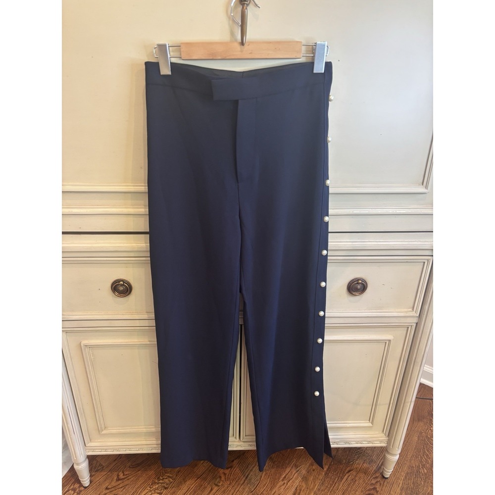 Zara Navy Pearl Trim Lined Trouser Work Pants Medium Elegant Classic Old Money
